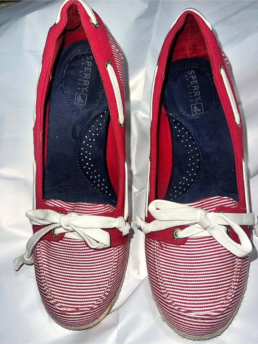 Sperry Top-Sider Clarens Red White striped Wedge Loafers Size 7.5